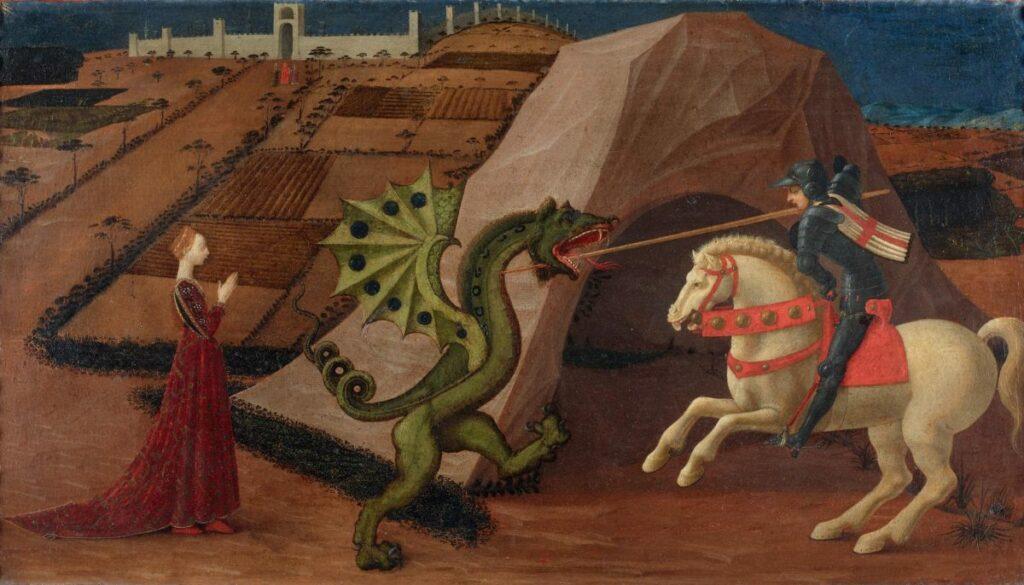 Tableau représentant saint Georges en chevalier transperçant de sa lance un dragon vert sur deux pattes avec des ailes de chauve-souris