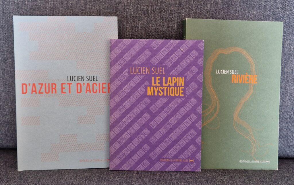 3 livres de Lucien Suel, publiés aux éditions de La Contre Allée.
D'azur et d'acier, couverture bleu ciel.
Le lapin mystique, couverture violette.
Rivière, couverture verte