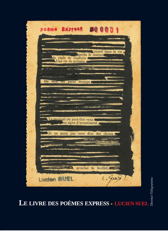Couverture du Livre des poèmes express.
Fond noir et une page caviardée au feutre noir qui révèle un nouveau texte.
