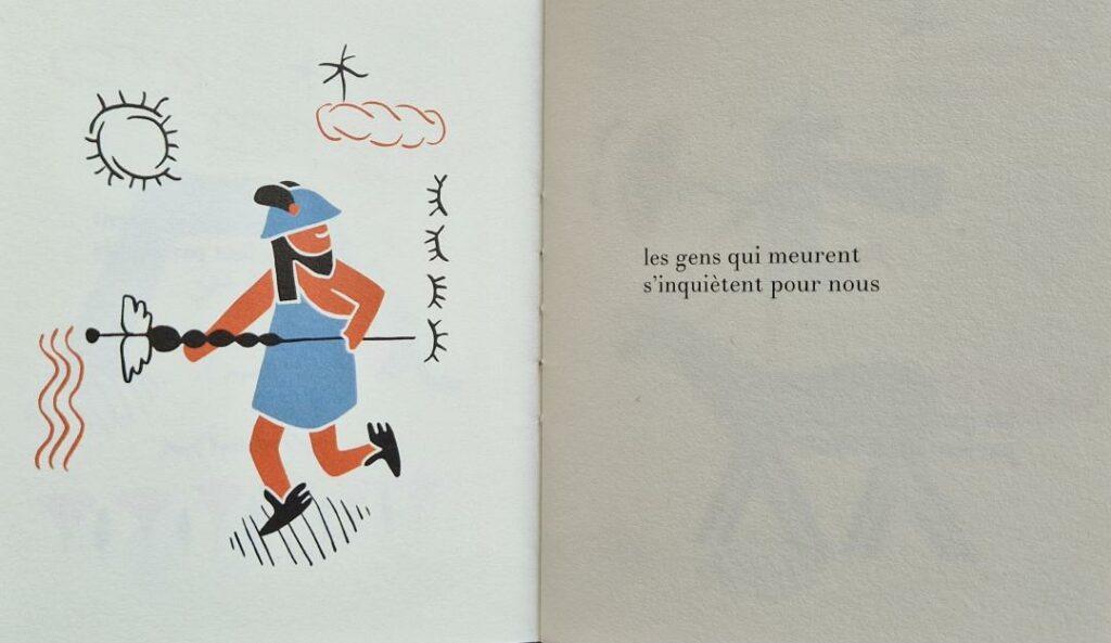 Double page extraite de "Les gens qui meurent".
Sur la gauche, une image de Mercure, dieu aux pieds ailés, en toge et bonnet bleu, entouré de nuages, d'yeux fermés et du soleil.
Sur la droite, une phrase : Les gens qui meurent s'inquiètent pour nous