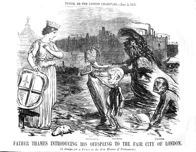 Le Père Tamise présente ses enfants à la ville de Londres : les « enfants » sont diphtérie, écrouelles et choléra. Caricature du 3 juillet 1858.

Londres est représentée en femme vêtue d'une toge.
Le Père Tamise est un homme très sale, presque un monstre.
Les "enfants" sont maigres et effrayants.

