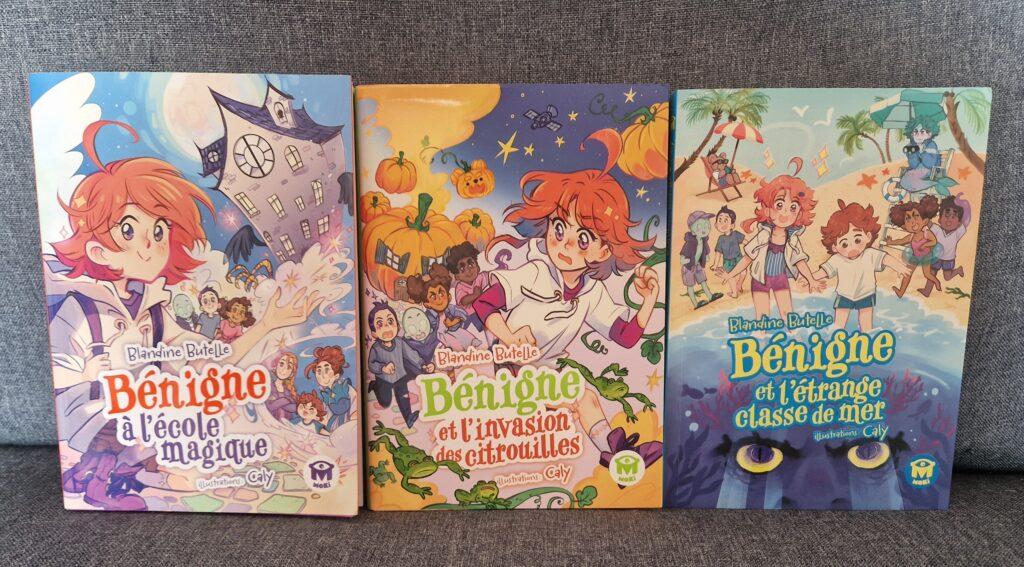 Les trois premiers livres de la série Bénigne.
Bénigne à l'école magique
Bénigne et l'invasion de citrouilles
Bénigne et l'étrange classe de mer