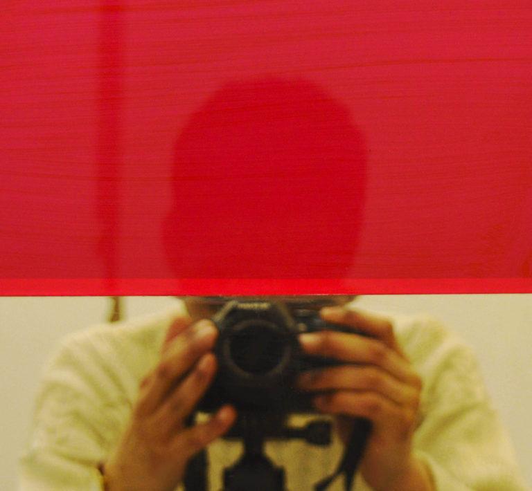 Tableau carré.
Moitié supérieure rouge
Moitié inférieure jaune pale
On voit le reflet de l'artiste qui prend en photo son tableau.
